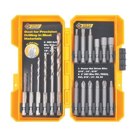 Steel Grip Steel Grip High Speed Steel Drill and Driver Bit Set Hex Shank 18 pc DR62514A